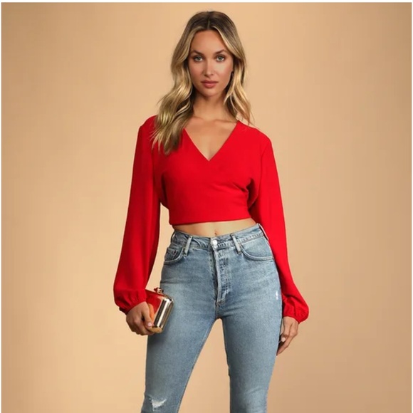 NWT Style Success Red Long Sleeve Tie-Back Crop Top - Picture 3 of 6